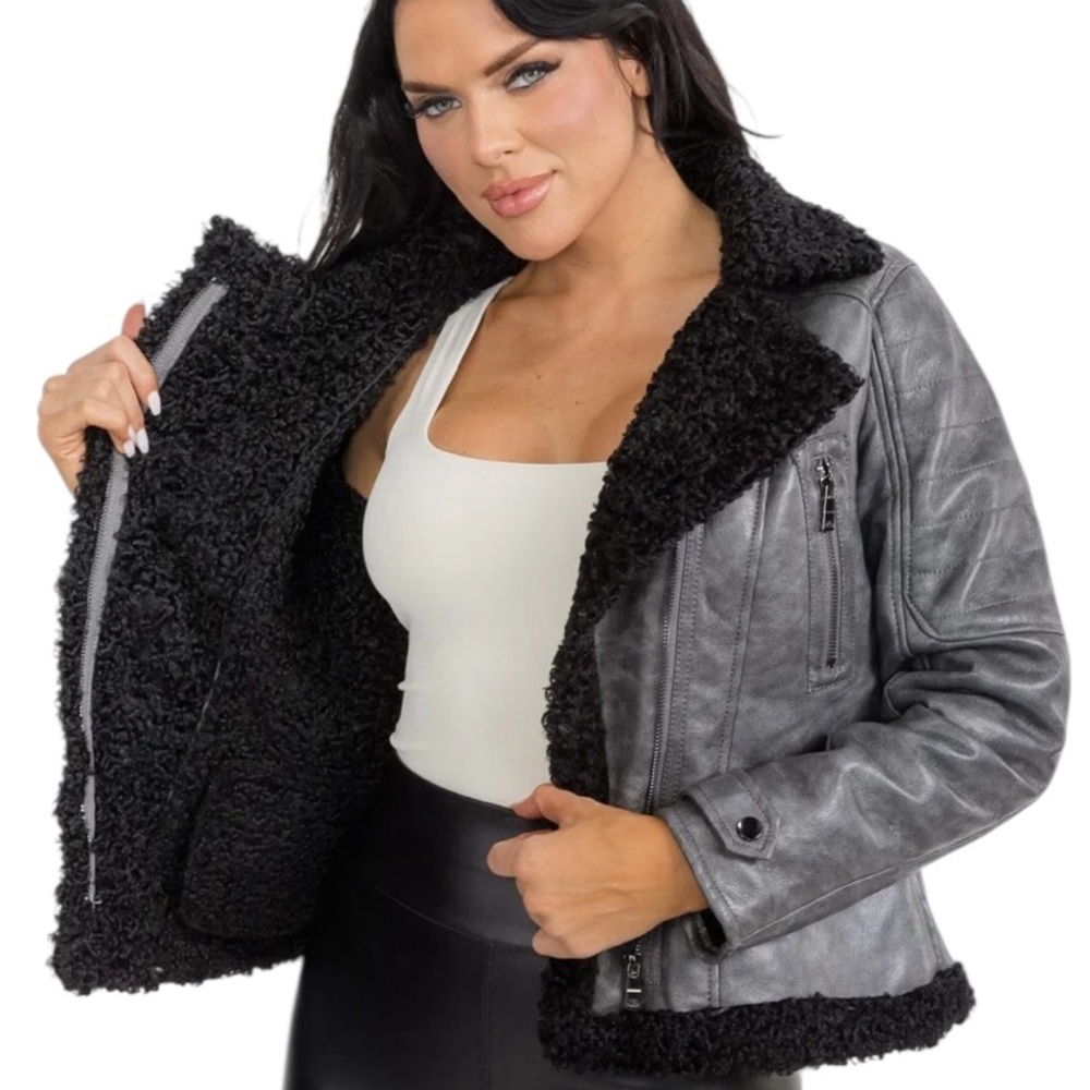 B. COATure Gray Moto Bomber Jacket with  Black Sherpa Lining
